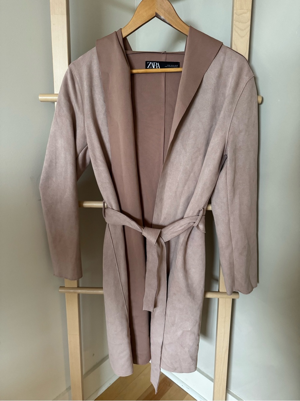 ZARA Women's Dusty Rose Suede-Look Belted Trench Coat